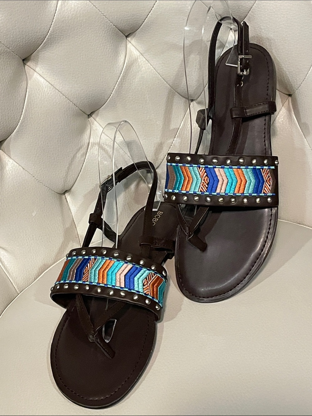 BCBGeneration Brown Sandals Boho with Blue & Orange Beaded Strap
